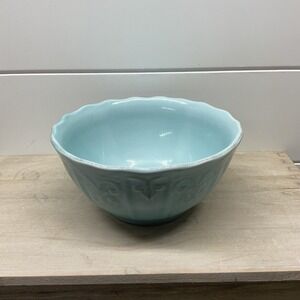 Light Blue Scalloped Embossed Scroll Ceramic Serving Bowl Farmhouse 6.5 Inch